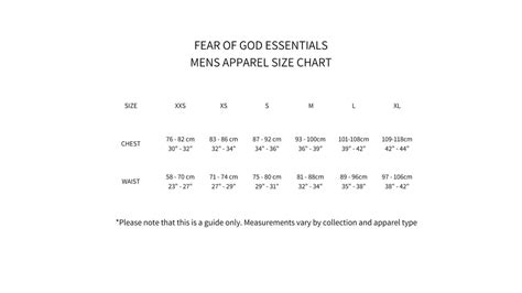 essential fear of god size|size chart for essentials.